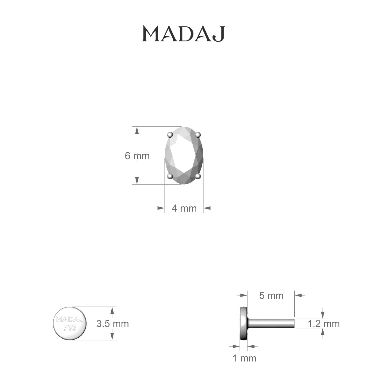 Nut | 18k White Gold 6 mm 5 mm Oval Diamond Piercing