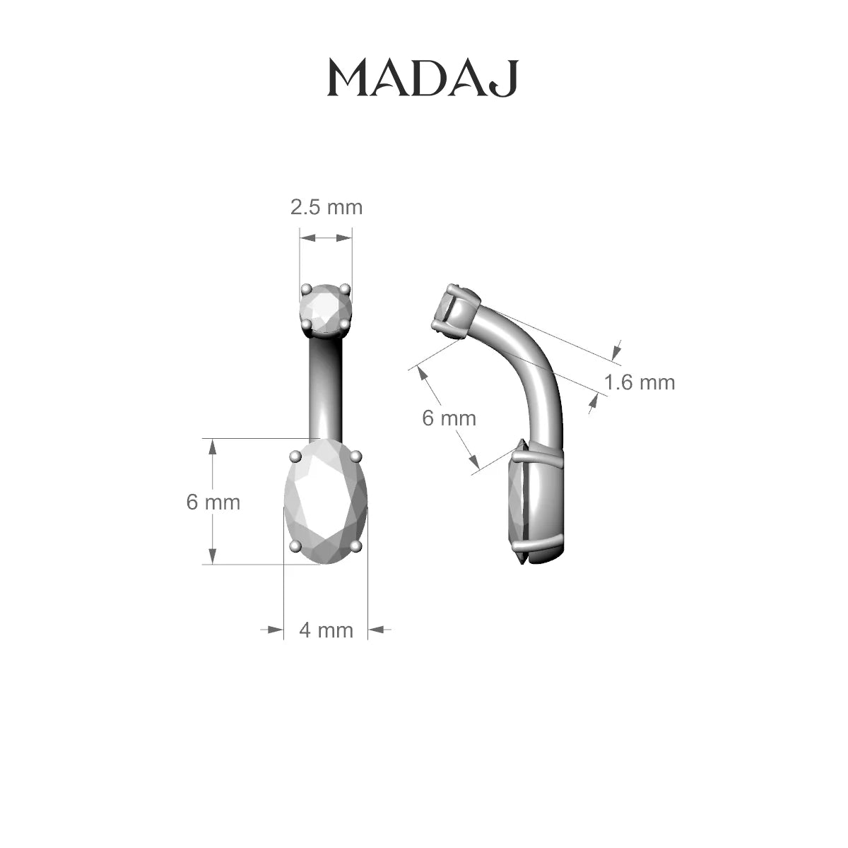 Nut | 18k White Gold 6 mm 6 mm Oval Diamond Belly Piercing