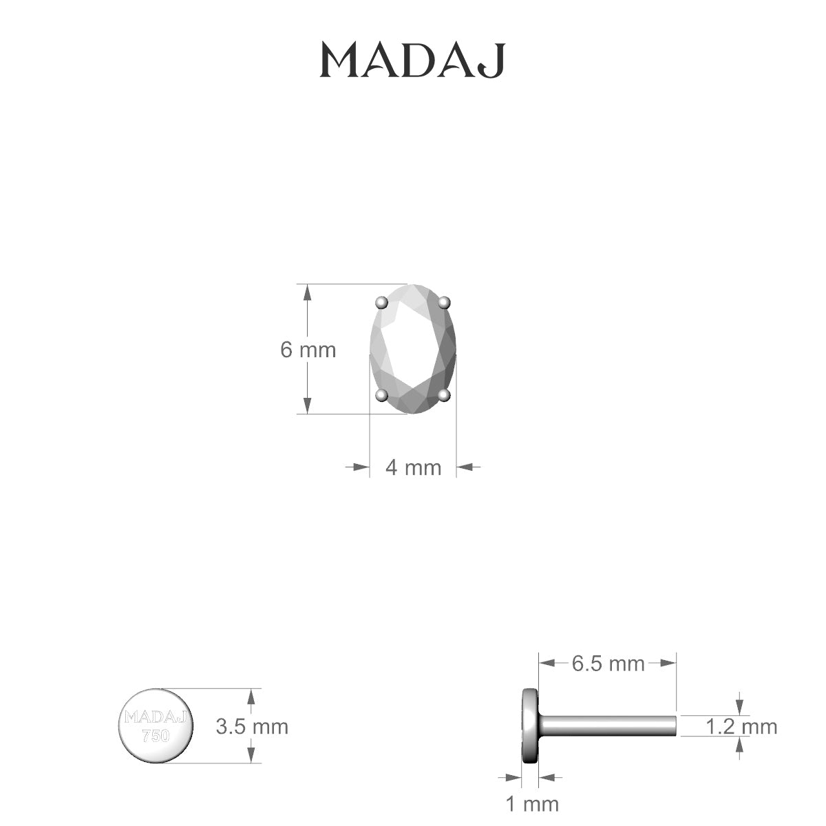 Nut | 18k Yellow Gold 6 mm 6.5 mm Oval Diamond Nose Piercing