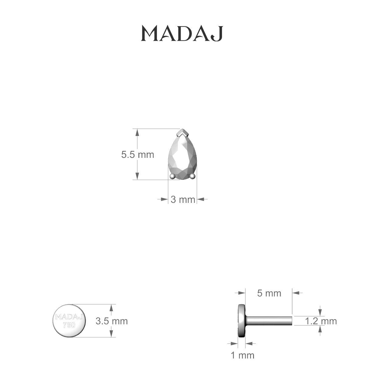 Nut | 18k White Gold 5.5 mm 5 mm Pear Diamond Nose Piercing