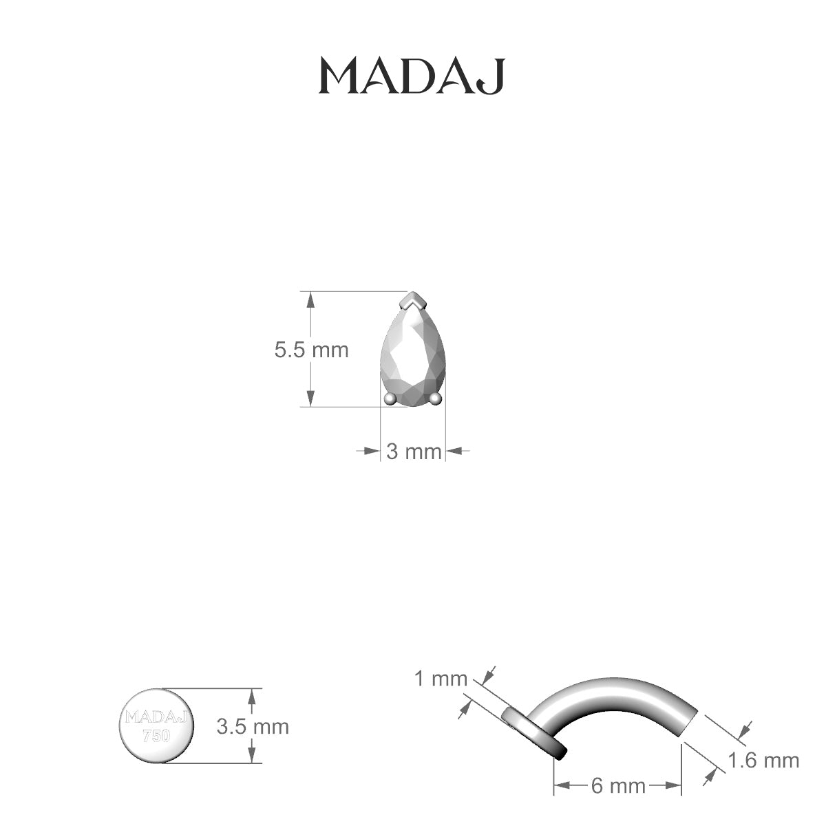 Nut | 18k White Gold 5.5 mm 6 mm Pear Diamond Floating Navel Piercing