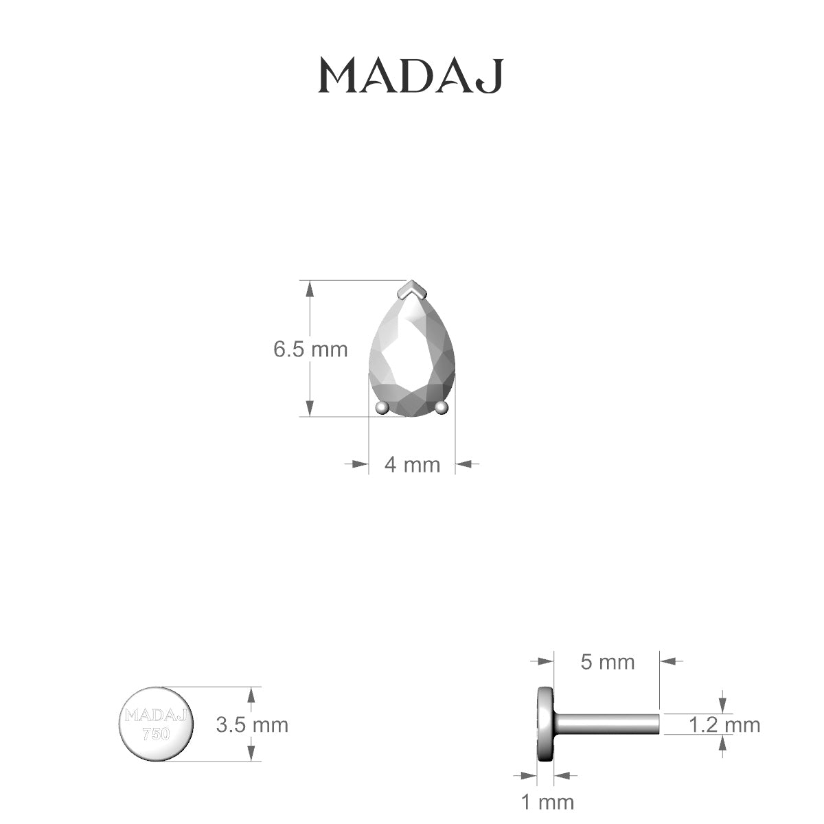 Nut | 18k Yellow Gold 6.5 mm 5 mm Pear Diamond Piercing