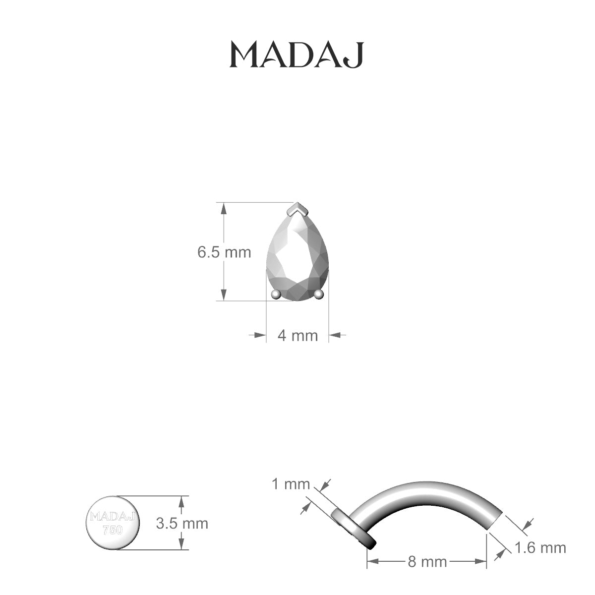 Nut | 18k White Gold 6.5 mm 8 mm Pear Diamond Floating Navel Piercing