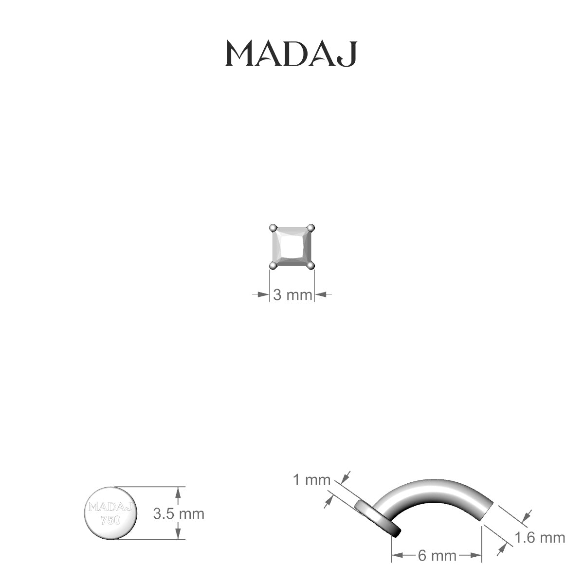 Nut | 18k White Gold 2.5 mm 6 mm Princess Diamond Floating Navel Piercing