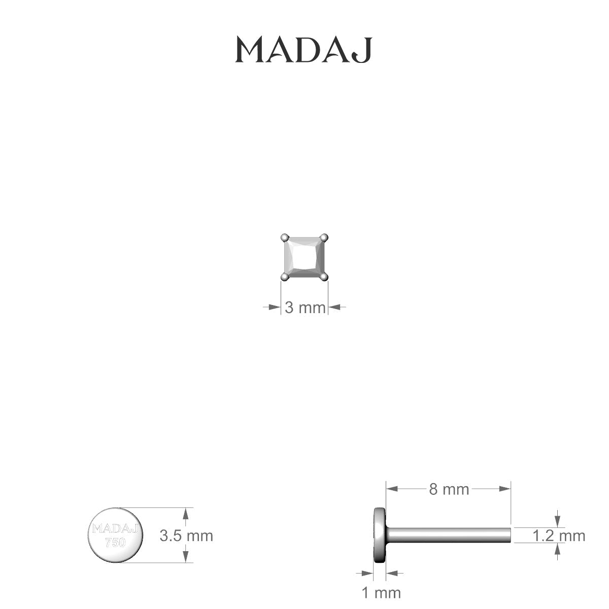 Nut | 18k White Gold 3 mm 8 mm Princess Diamond Nose Piercing