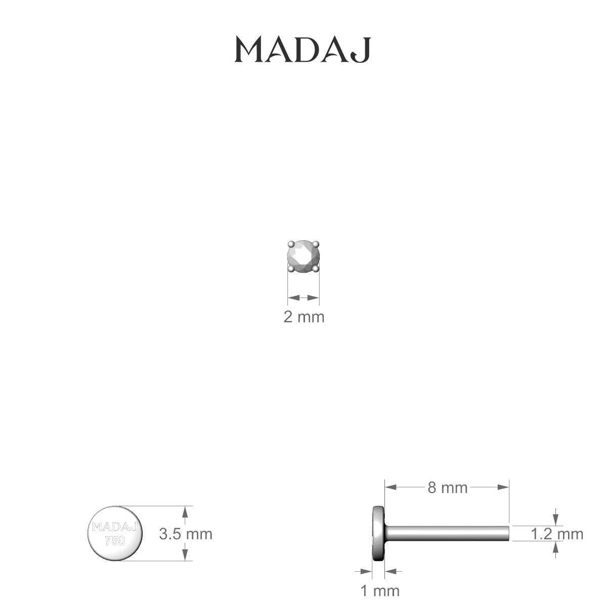 Nut | 18k White Gold 8 mm 2 mm Round Emerald Piercing