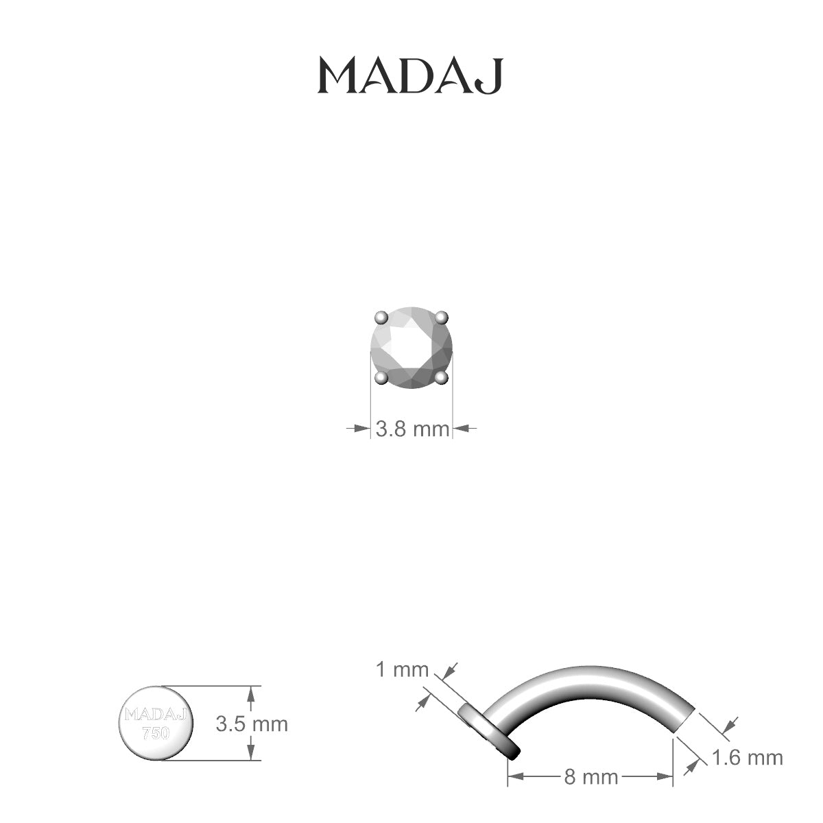 Nut | 18k White Gold 3.8 mm 8 mm Round Diamond Floating Navel Piercing