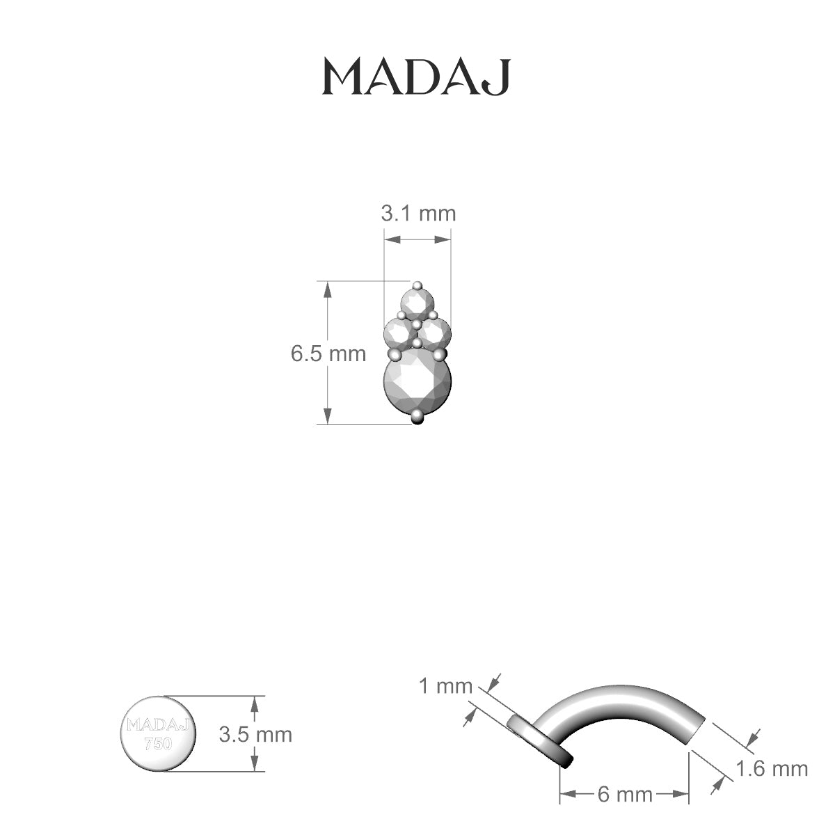 Sif | 18k White Gold 6.5 mm 6 mm Diamond Floating Navel Piercing