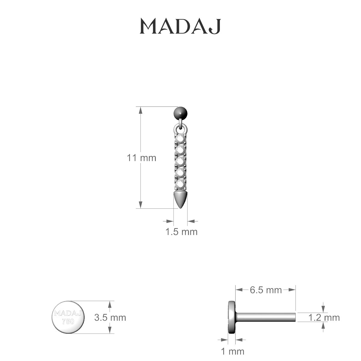 Xuan | 18k White Gold 11 mm 6.5 mm Spike Diamond Piercing