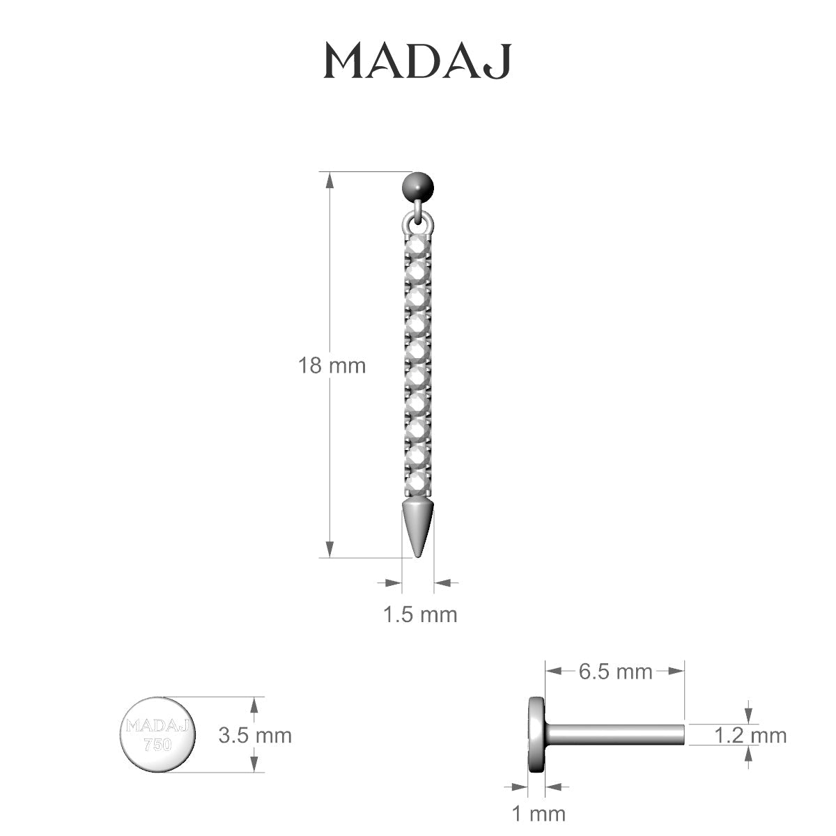 Xuan | 18k White Gold 18 mm 6.5 mm Spike Diamond Piercing