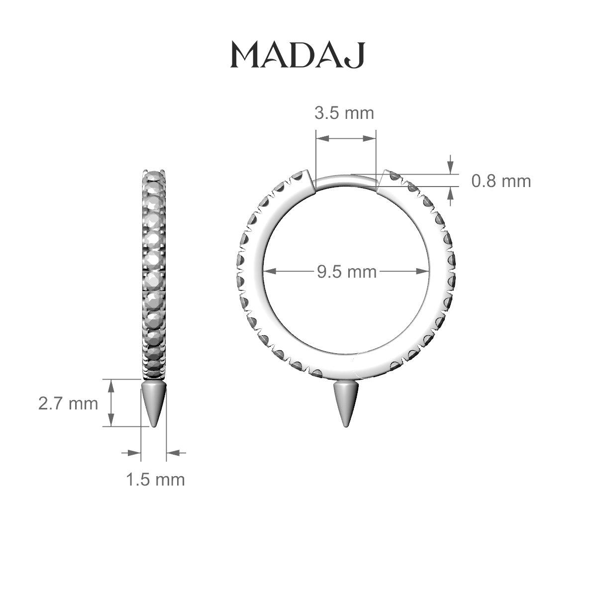 Xuan | 18k White Gold 9.5 mm Spike Black Diamond Hoop Piercing