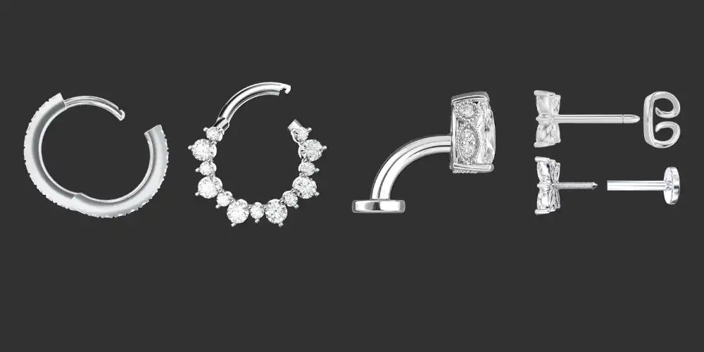 A product detail guide showing the closure mechanism of four white gold diamond piercing styles including a hoop, a daith ring, a floating navel, and a stud against a dark background.