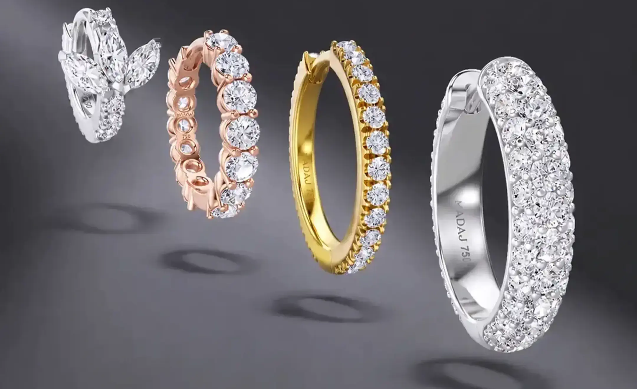 Four diamond hoop rings in different gold color (white, yellow and rose gold) are displayed floating against a dark gray gradient background in pave, lotus and slim hoop piercings 