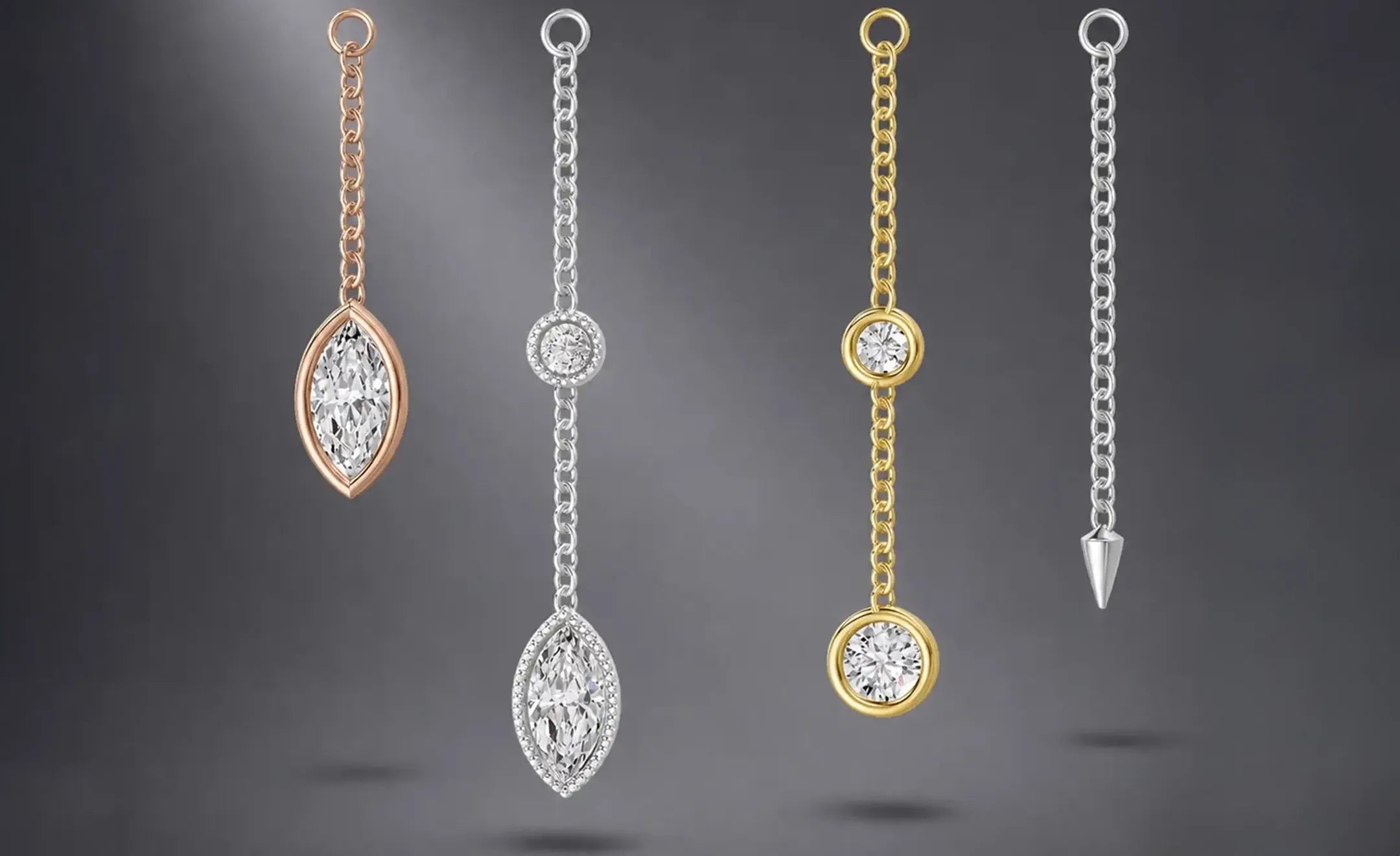 Four dangling chain charms in marquise and round-cut diamonds, shown in rose, white, yellow gold on a gradient gray background