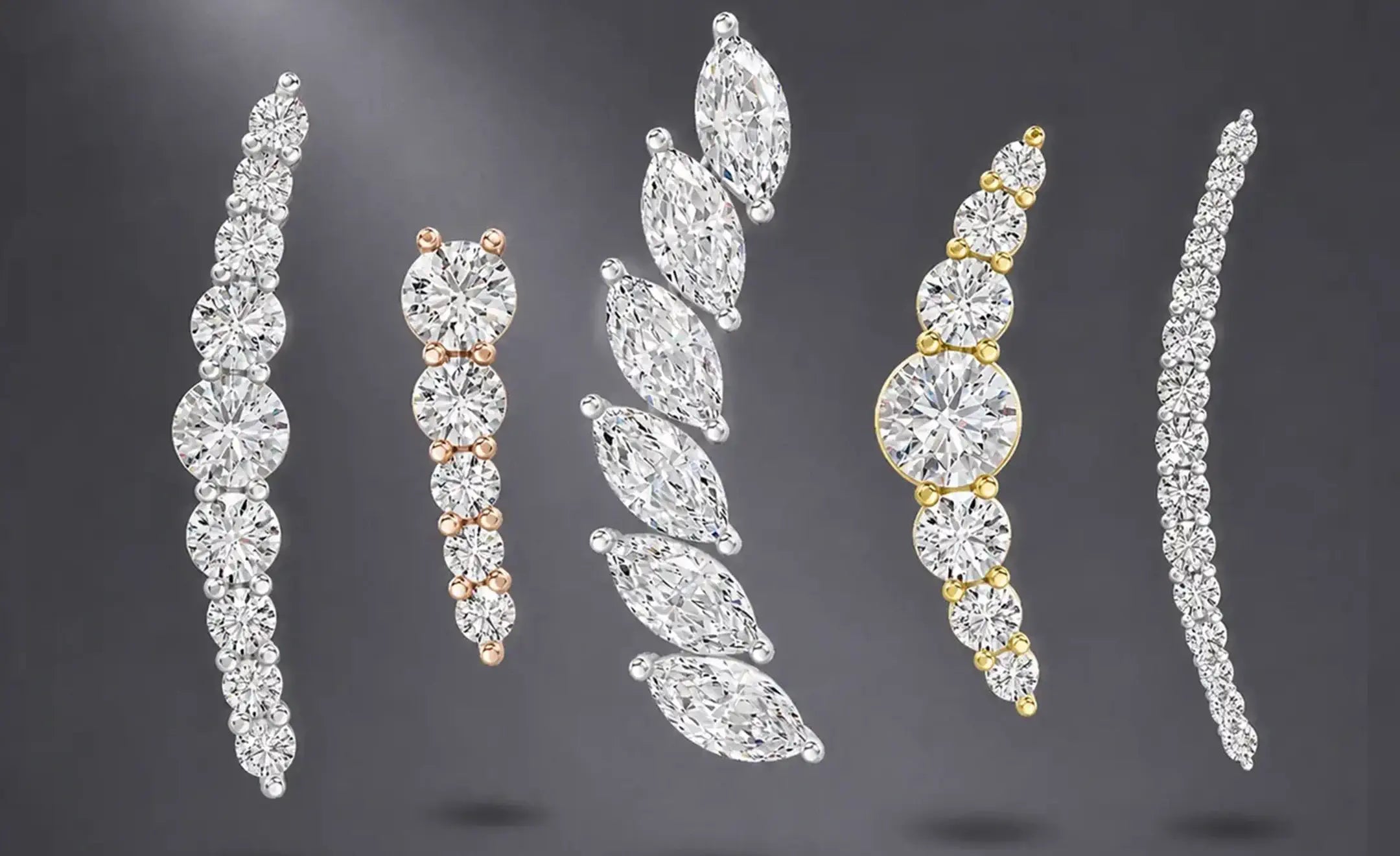 Five diamond ear climbers or walkers set in white, yellow, and rose gold in marquise and round shapes 