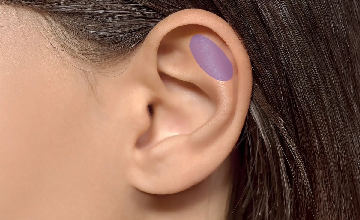 Close-up of a human ear with a purple oval highlighting the flat part of the ear