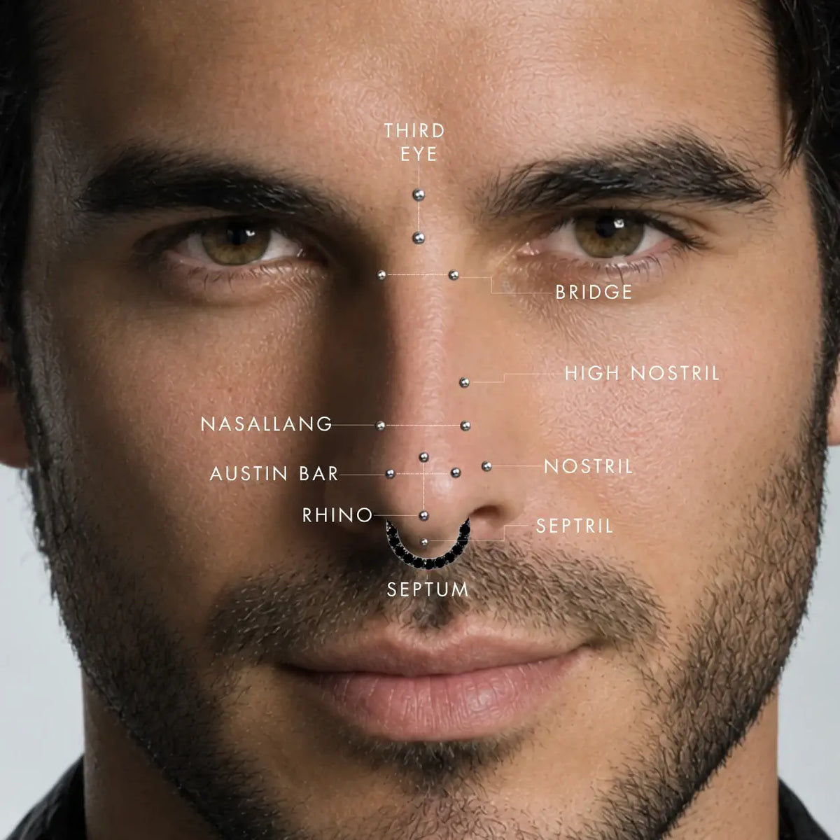Close-up of a man's face with labeled facial piercing placement points including third eye, bridge, high nostril, nasallang, austin bar, nostril, rhino, septril, and septum, showing small metallic piercing jewelries on his nose.