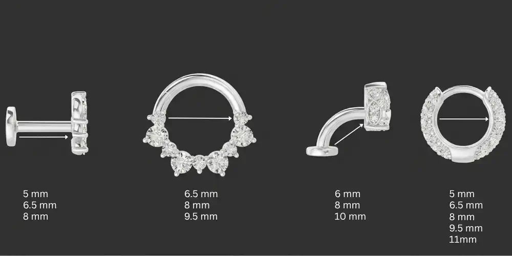 A product sizing guide showing four white gold diamond piercing styles including a stud, a daith ring, a floating navel, and a hoop with available sizes ranging from 5mm to 11mm against a dark background.