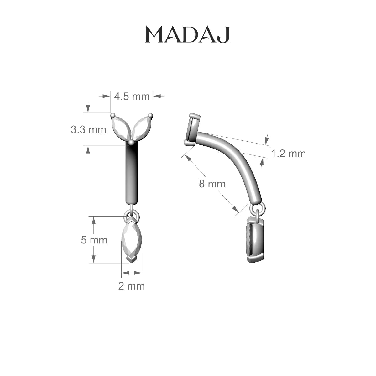 Adona | Piercing Rook Diamant Or Blanc 18k Hypoallergénique 4.5 mm 8 mm