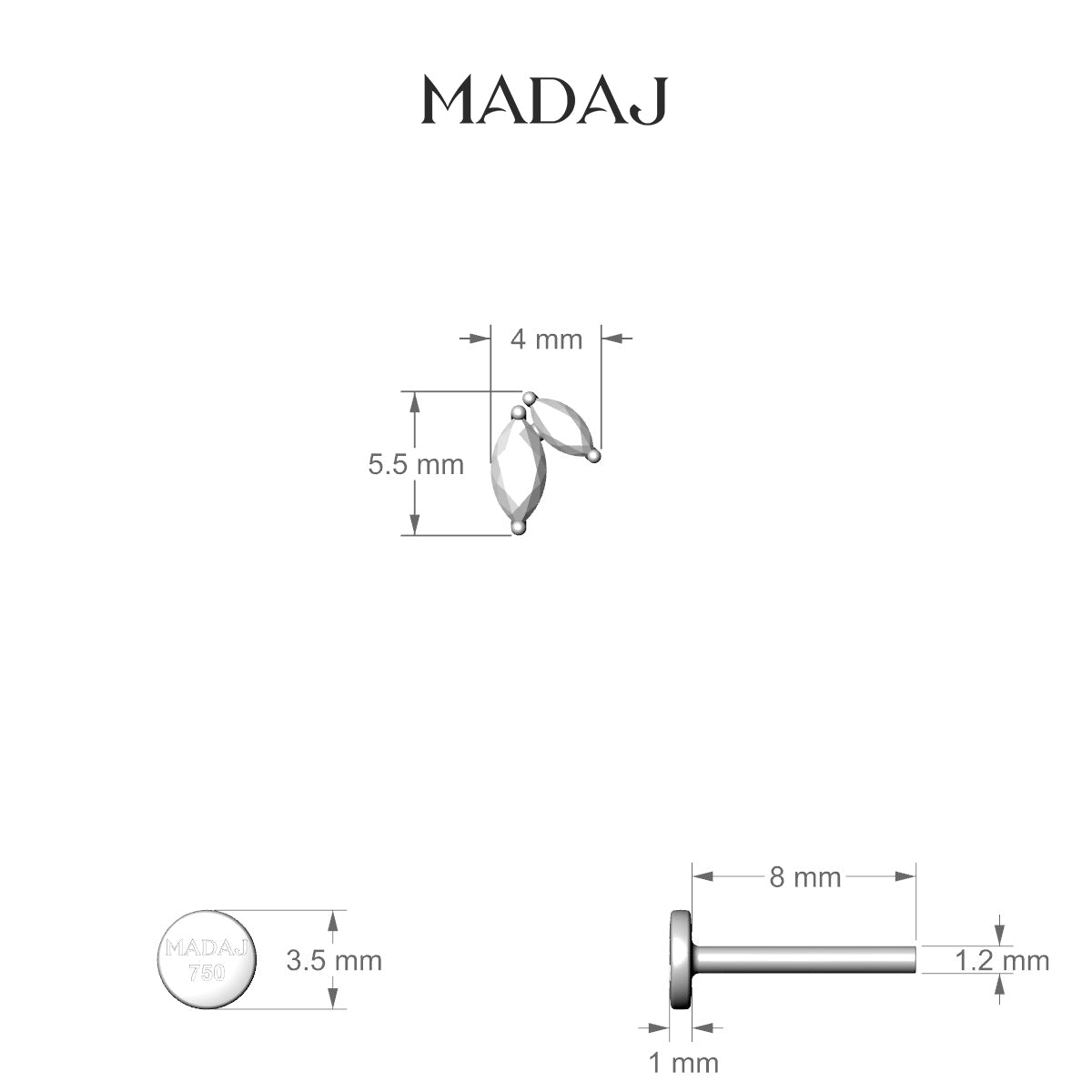 Alceste | 18k White Gold 5.5 mm 8 mm Diamond Nose Piercing