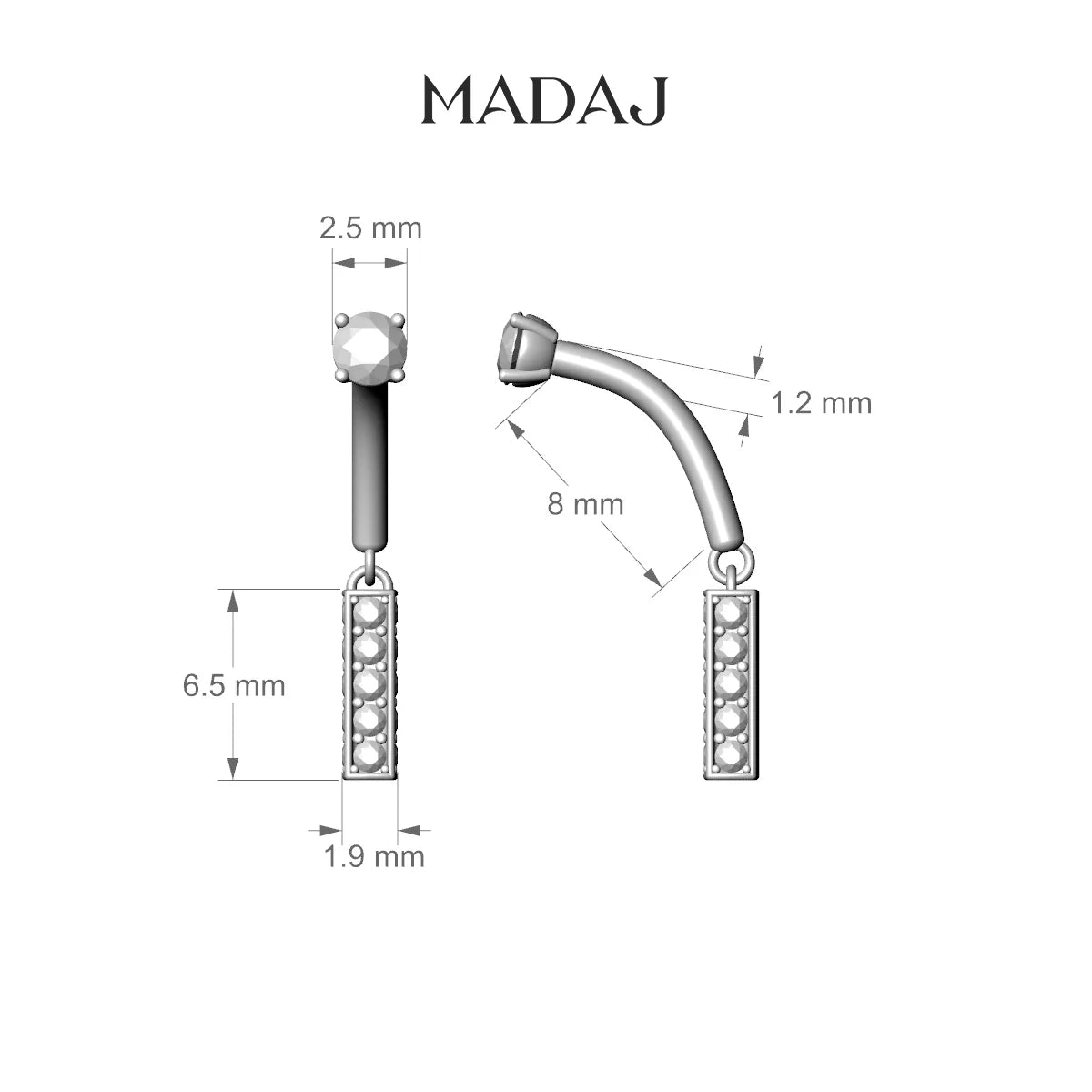Aria | 18k Rose Gold 8 mm Bar Diamond Rook Piercing