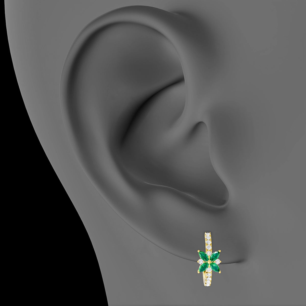 Aurore | 18k Yellow Gold 9.5 mm Flower Emerald & Diamond Hoop Piercing