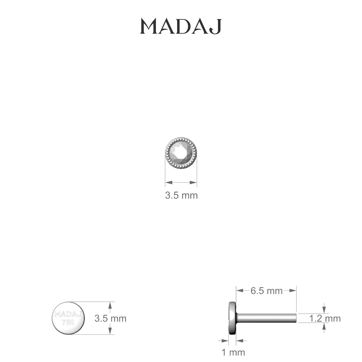 Aya | 18k White Gold 6.5 mm 3.5 mm Round Black Diamond Nose Piercing