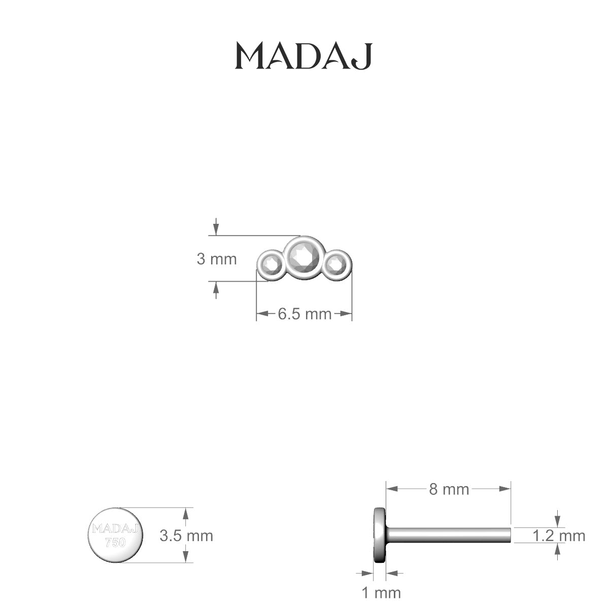 Bast | 18k Yellow Gold 6.5 mm 8 mm Trilogy Diamond Piercing