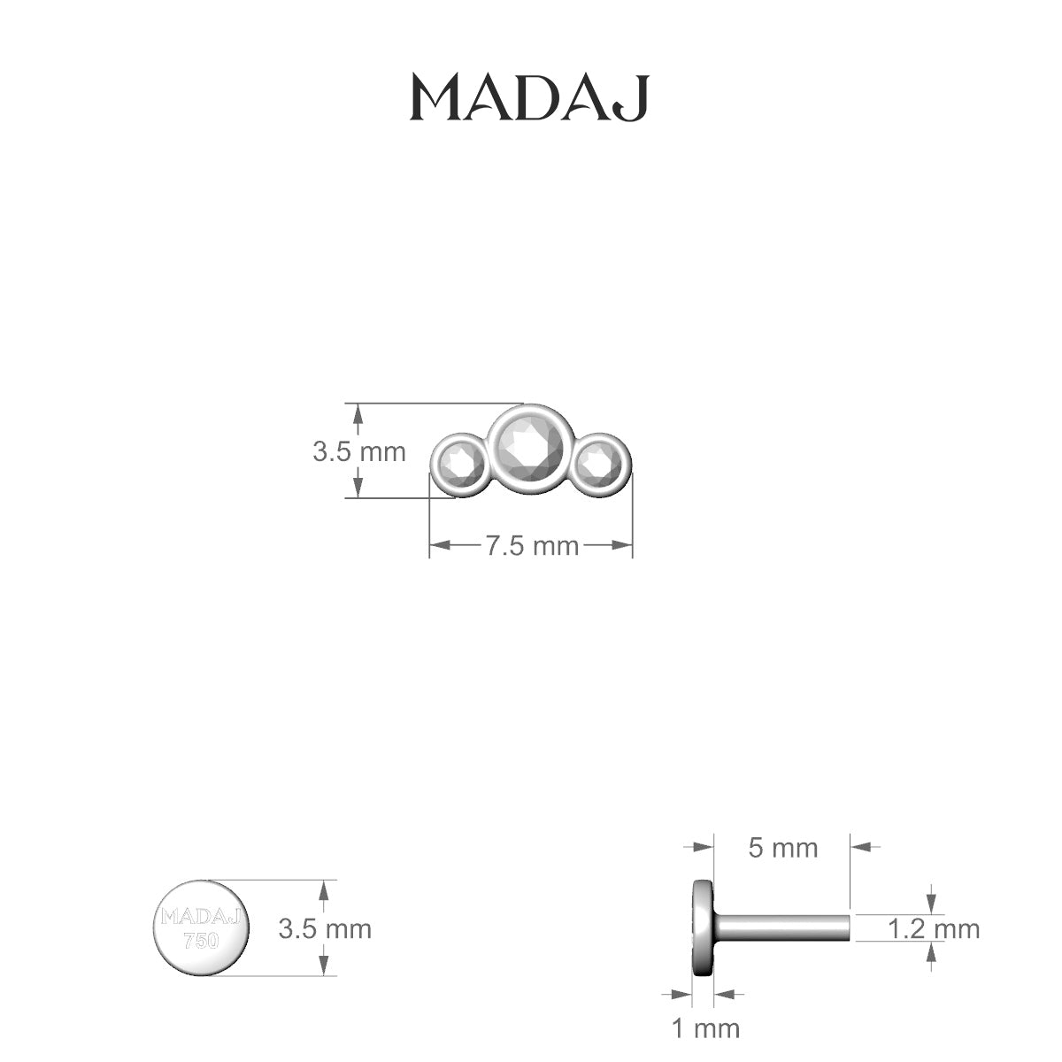 Bast | 18k Yellow Gold 7.5 mm 5 mm Trilogy Diamond Piercing