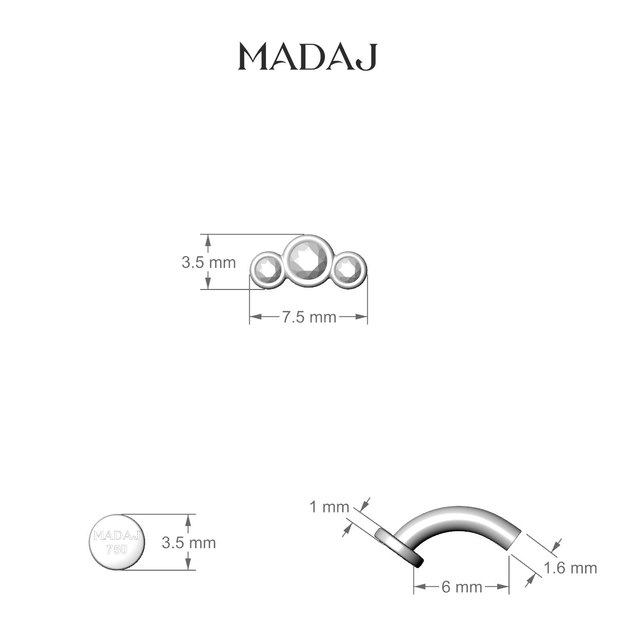 Bast | 18k Yellow Gold 7.5 mm 6 mm Trilogy Diamond Floating Navel Piercing