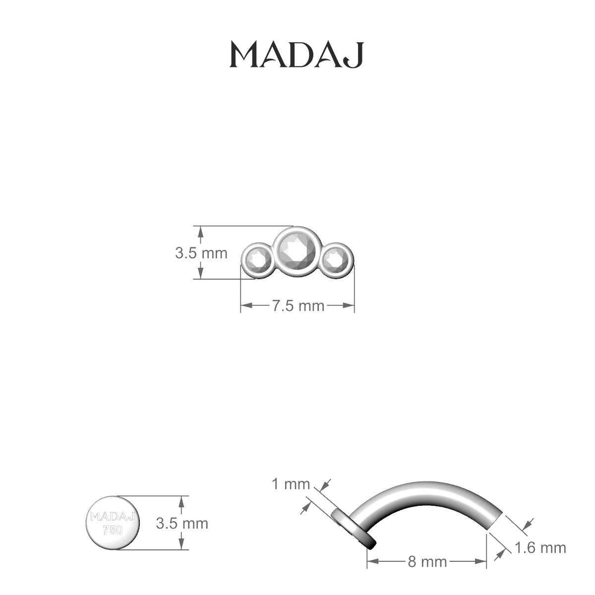 Bast | 18k White Gold 7.5 mm 8 mm Trilogy Diamond Floating Navel Piercing