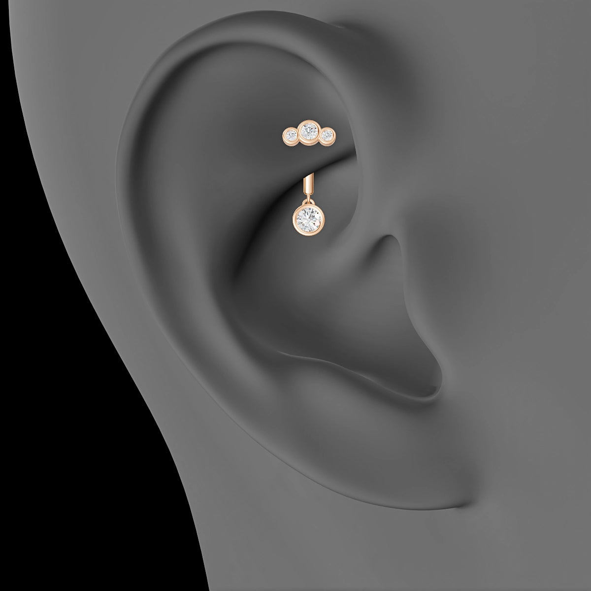 Bast | 18k Rose Gold 8 mm Trilogy Diamond Rook Piercing