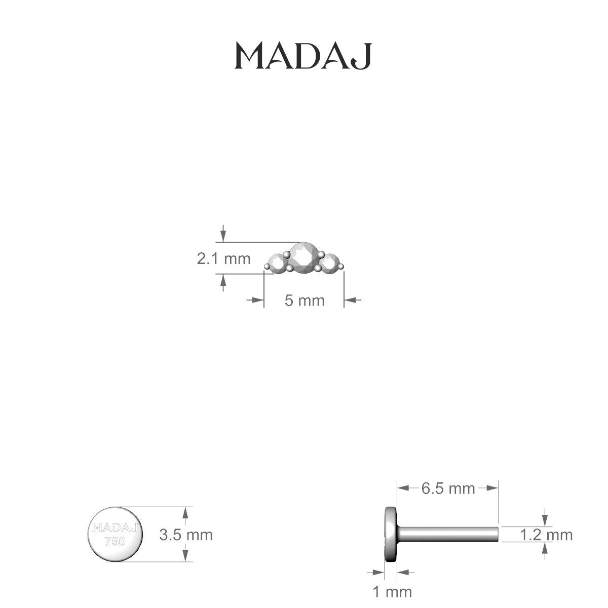 Bastet | 18k White Gold 5 mm 6.5 mm Trilogy Diamond Piercing