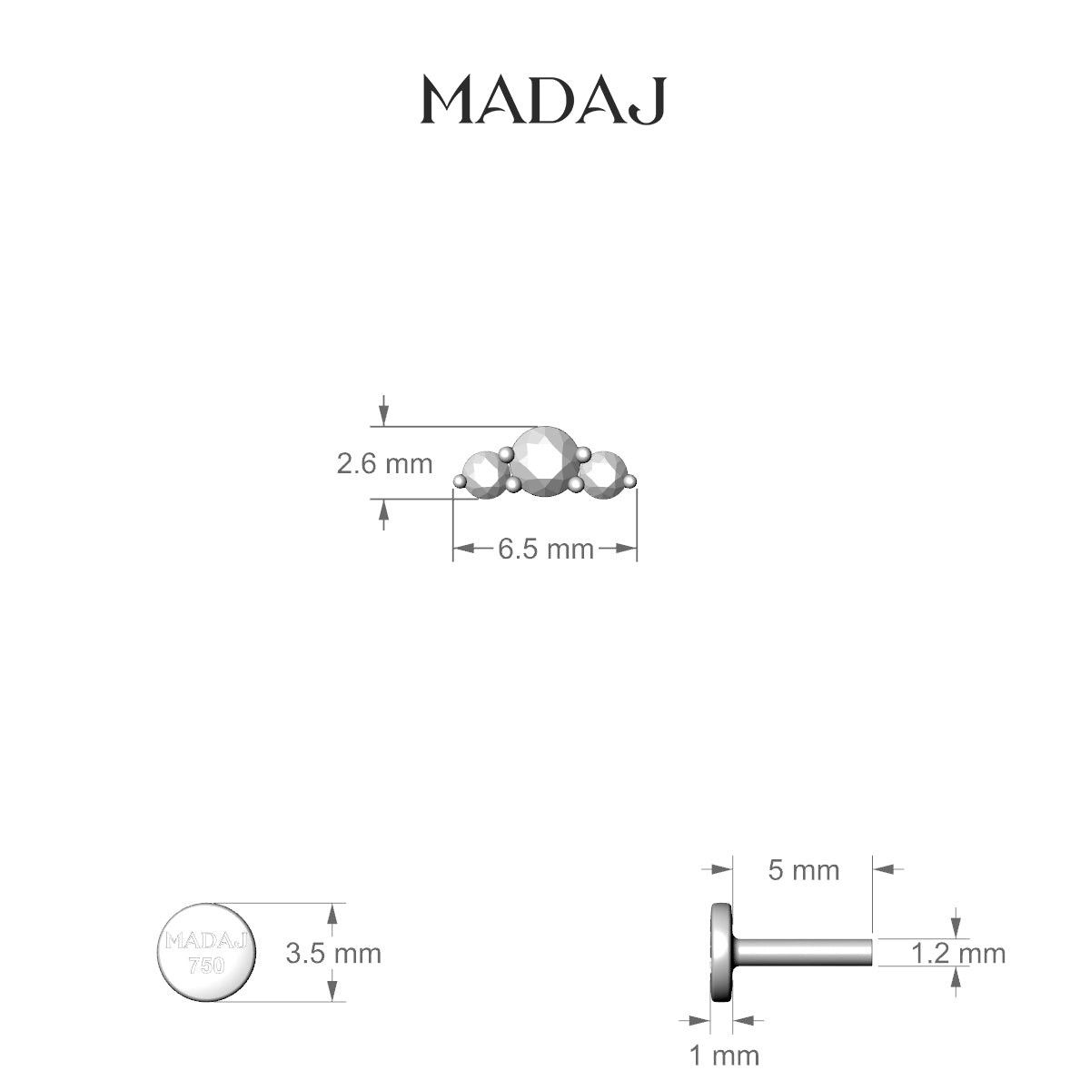 Bastet | 18k White Gold 6.5 mm 5 mm Trilogy Diamond Piercing