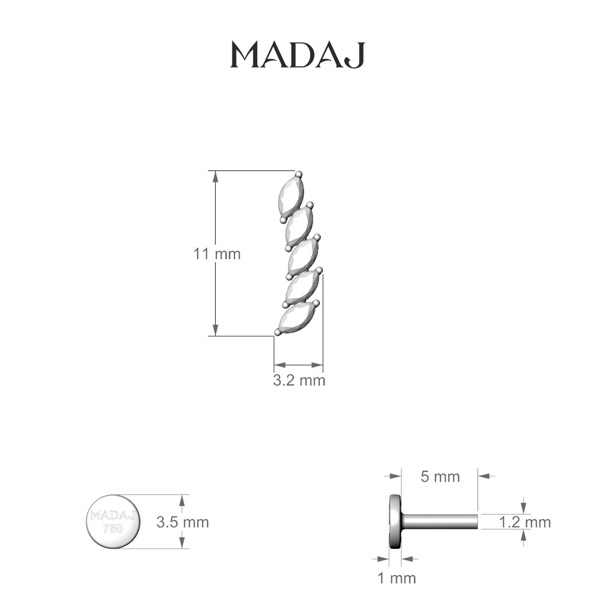 Celeste | 18k Yellow Gold 11 mm 5 mm Long Diamond Left Piercing