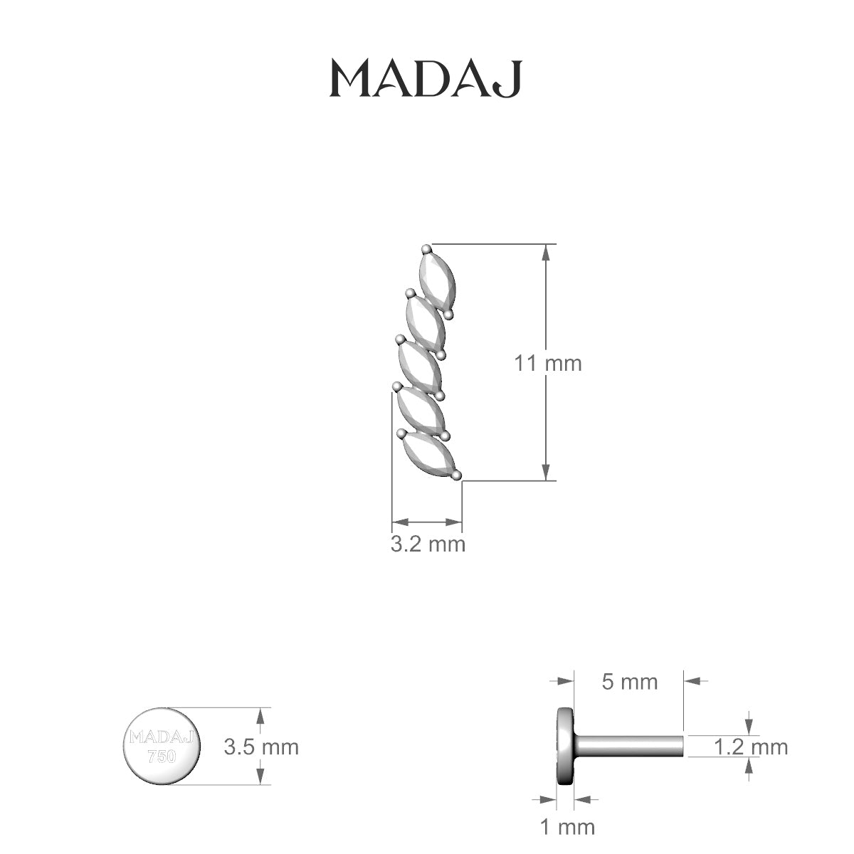 Celeste | 18k White Gold 11 mm 5 mm Long Diamond Right Piercing