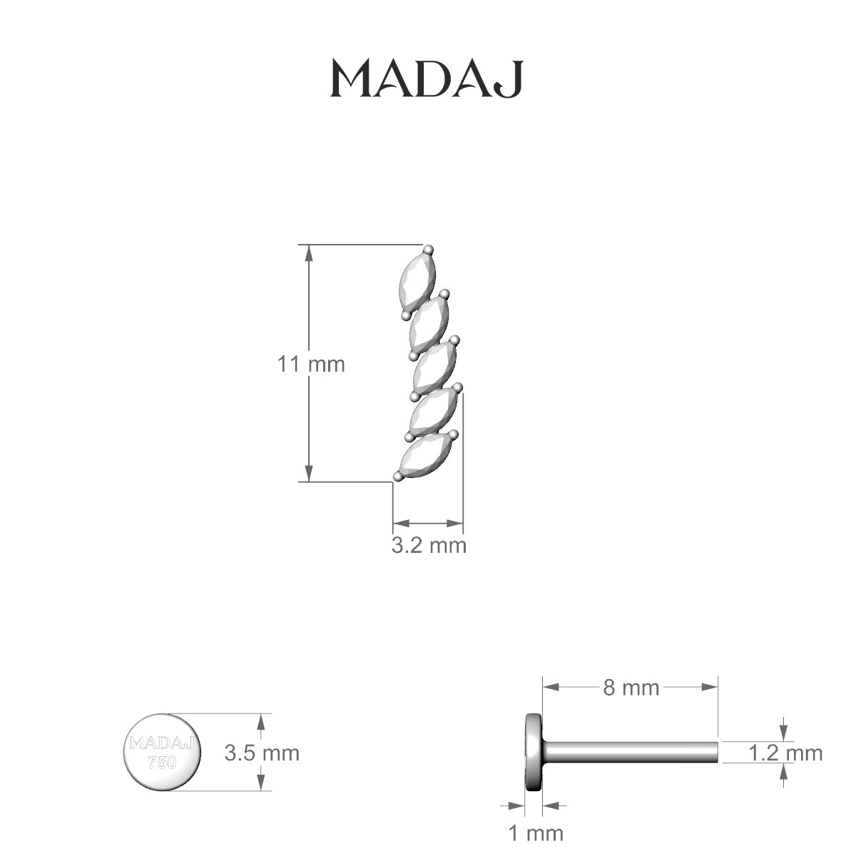 Celeste | 18k Rose Gold 11 mm 8 mm Long Diamond Left Piercing