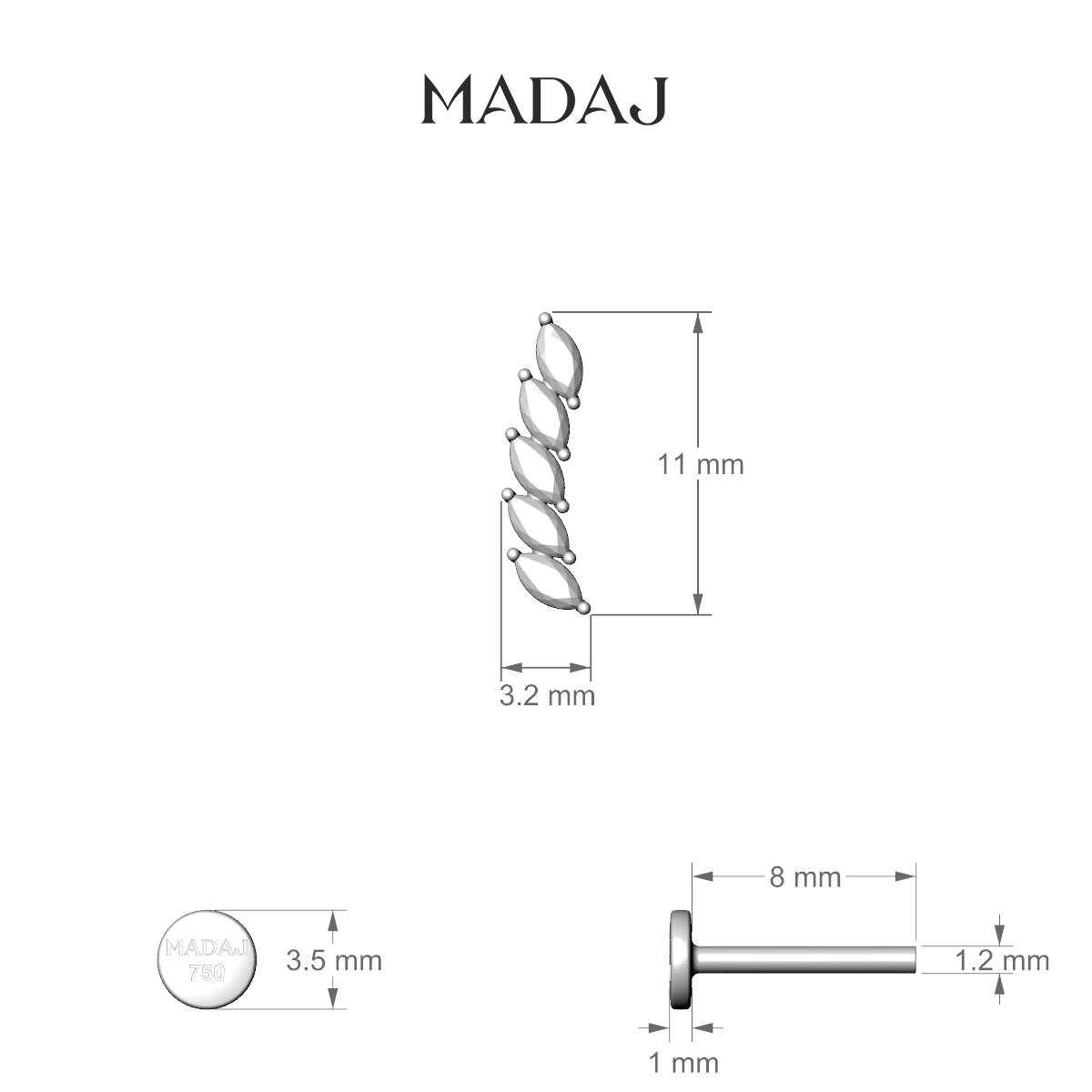 Celeste | 18k White Gold 11 mm 8 mm Long Diamond Right Piercing