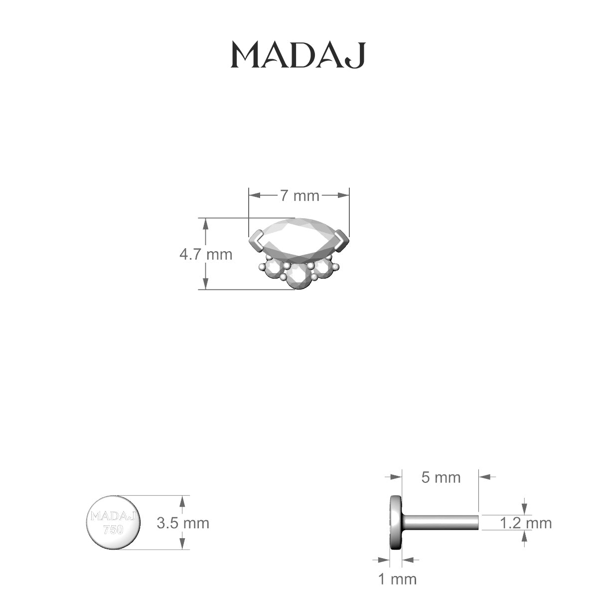 Danu | 18k White Gold 7 mm 5 mm Diamond Nose Piercing