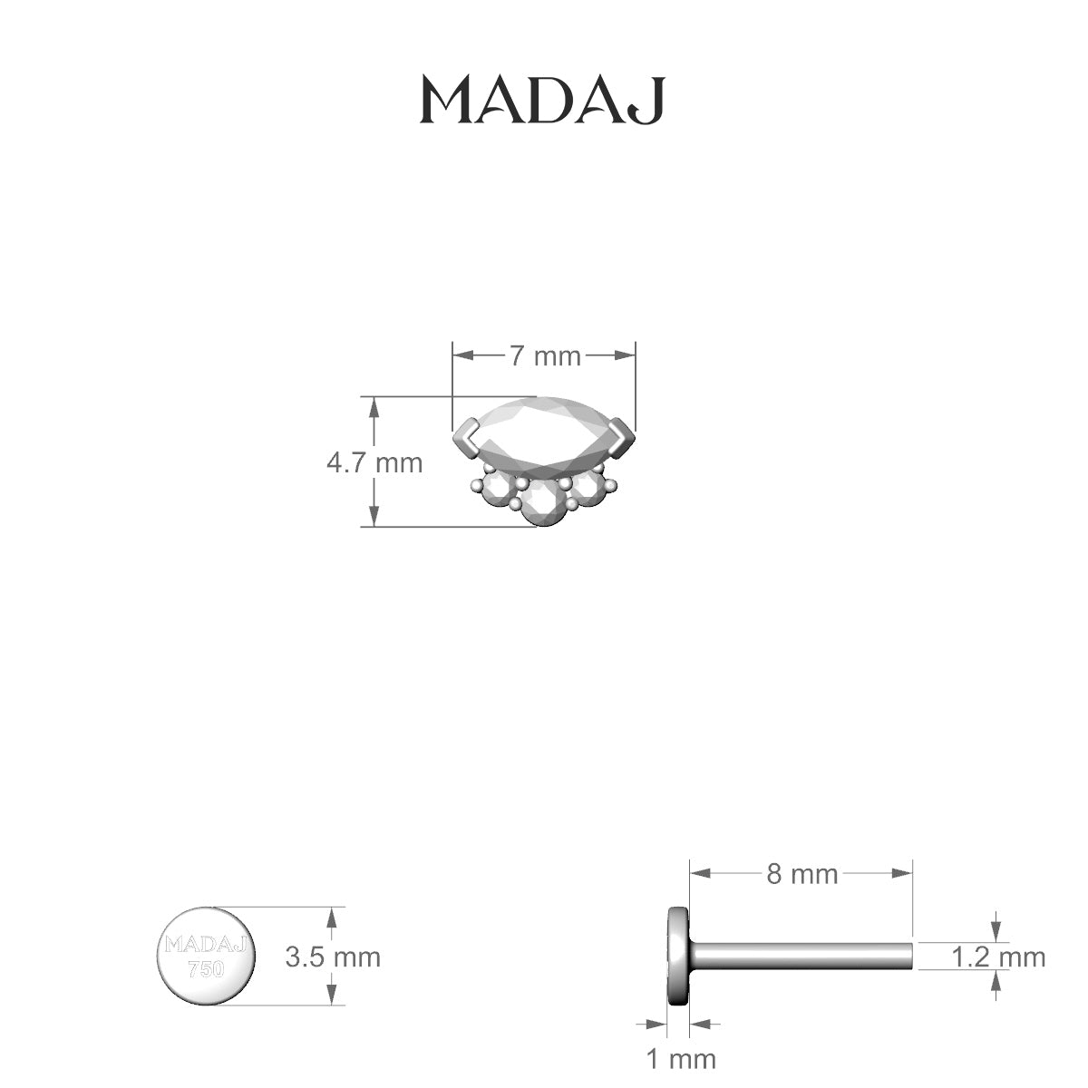 Danu | 18k White Gold 7 mm 8 mm Diamond Nose Piercing