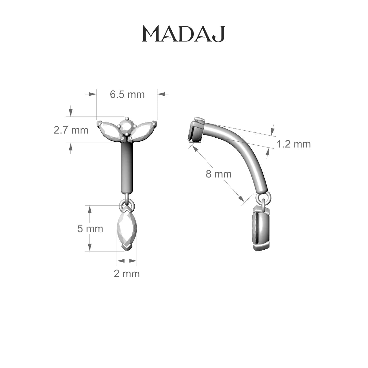 Dione | Piercing Rook Lotus Diamant Or Blanc 18k Hypoallergénique 6.5 mm 8 mm