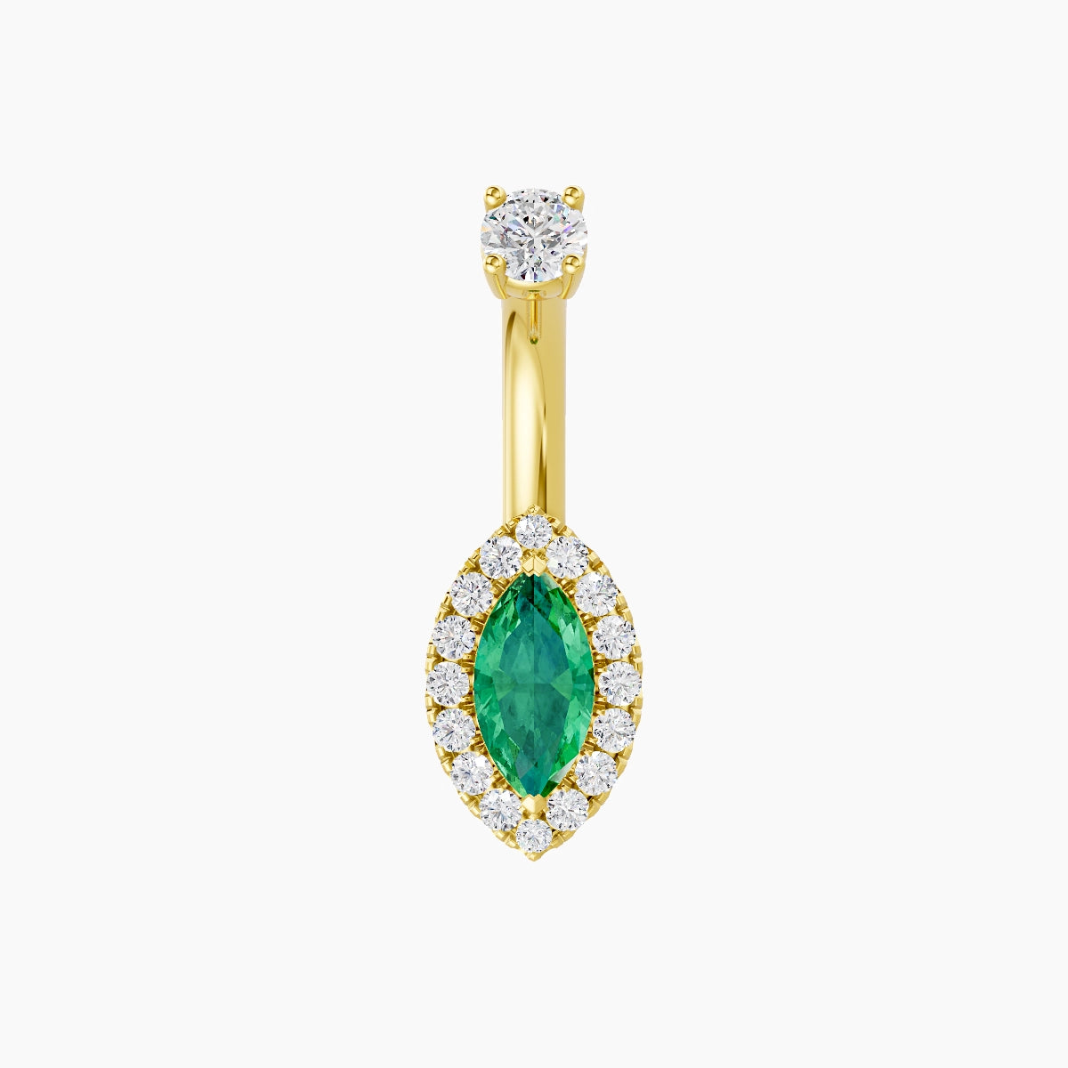 Eirene | 18k Yellow Gold 9 mm 6 mm Halo Marquise Emerald & Diamond Belly Piercing