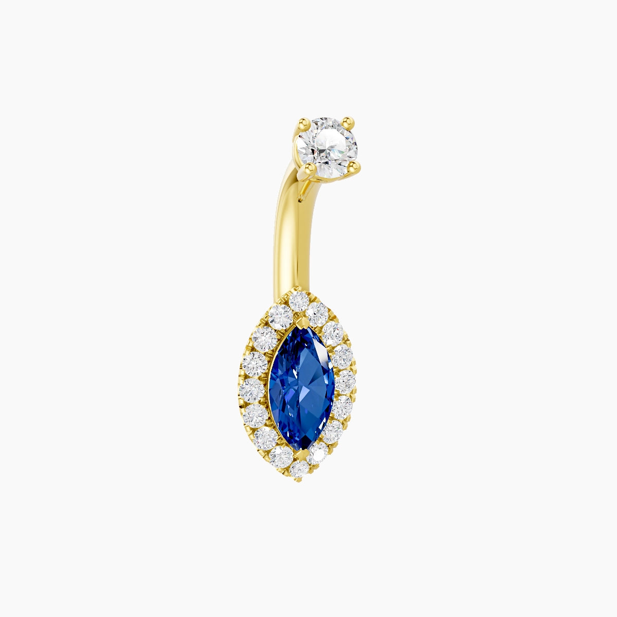Eirene | 18k Yellow Gold 9 mm 6 mm Halo Marquise Sapphire & Diamond Belly Piercing