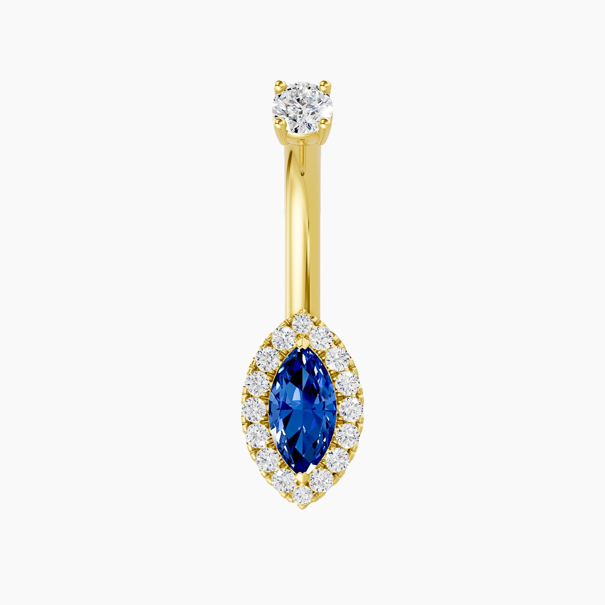 Eirene | 18k Yellow Gold 9 mm 8 mm Halo Marquise Sapphire & Diamond Belly Piercing