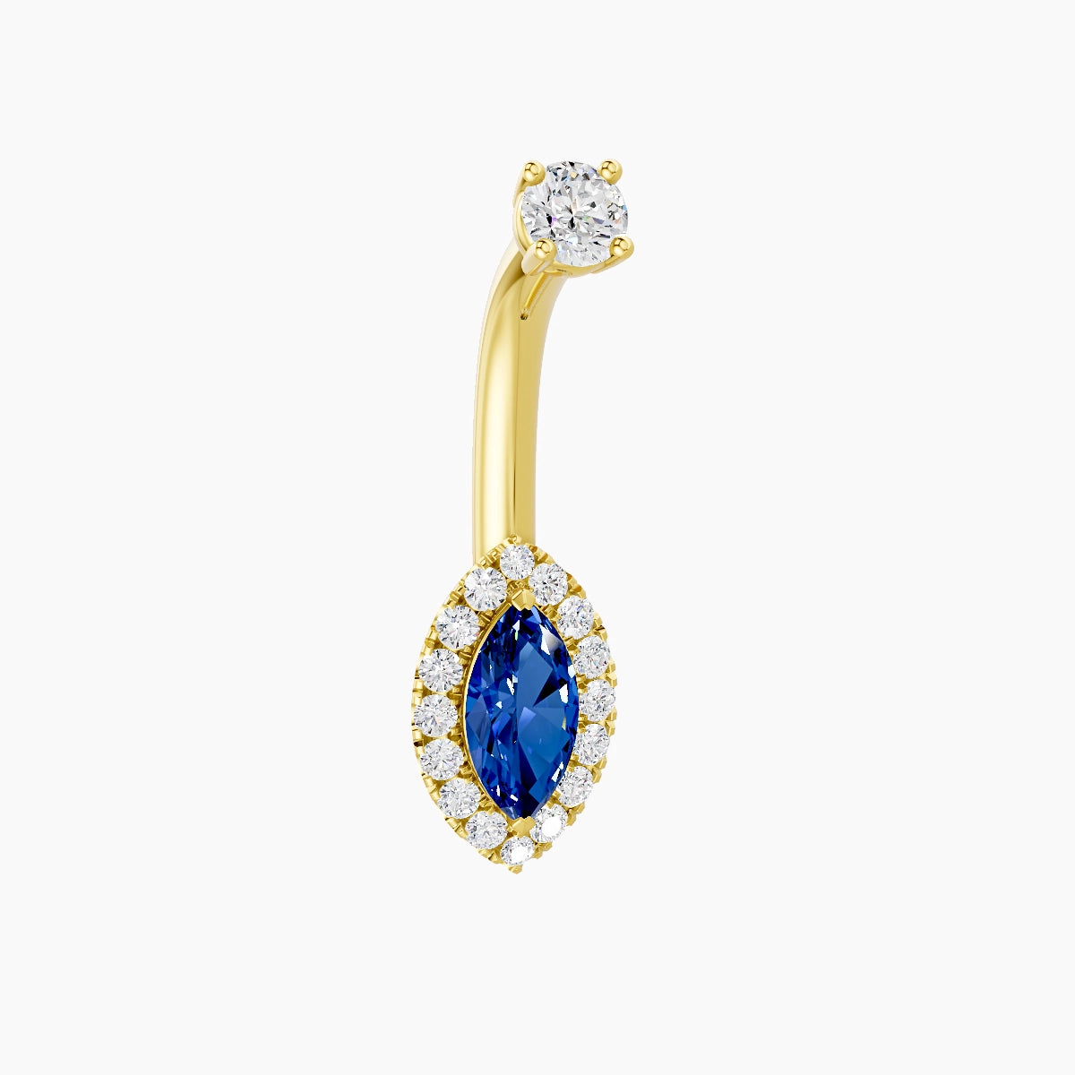 Eirene | 18k Yellow Gold 9 mm 8 mm Halo Marquise Sapphire & Diamond Belly Piercing
