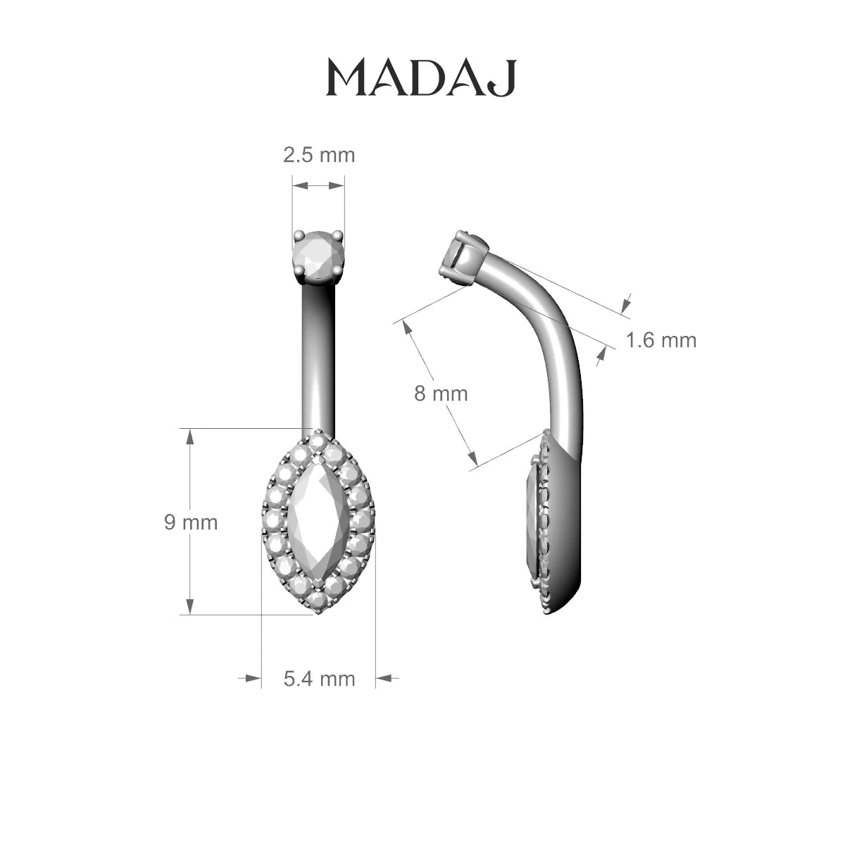 Eirene | 18k White Gold 9 mm 8 mm Halo Marquise Diamond Belly Piercing