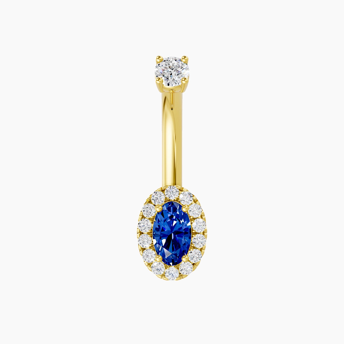 Eirene | 18k Yellow Gold 7.5 mm 8 mm Halo Oval Sapphire & Diamond Belly Piercing