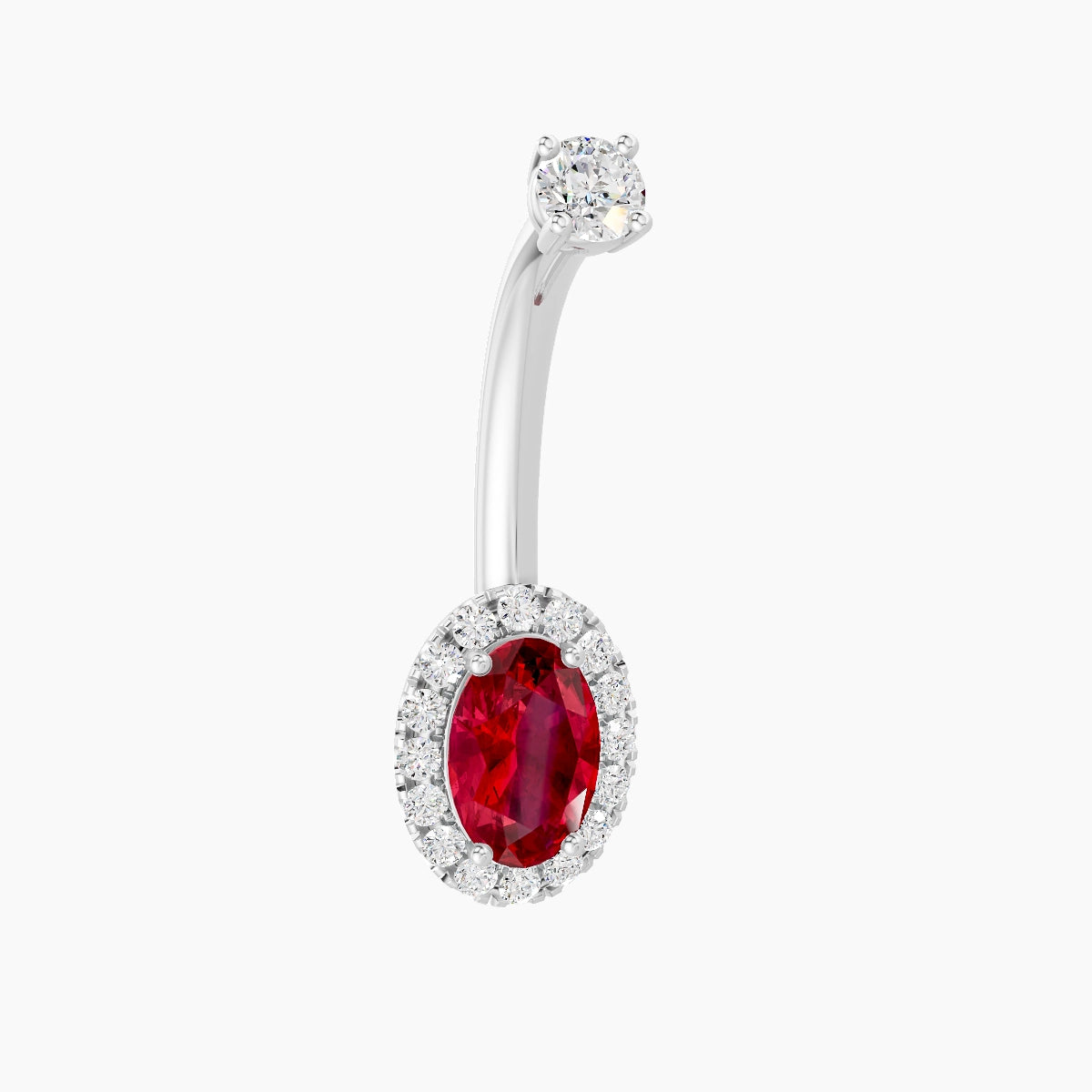 Eirene | 18k White Gold 8.5 mm 10 mm Halo Oval Ruby & Diamond Belly Piercing