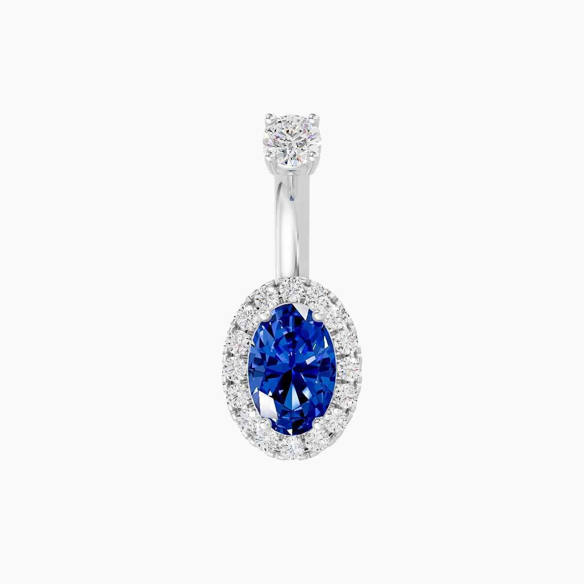 Eirene | 18k White Gold 8.5 mm 6 mm Halo Oval Sapphire & Diamond Belly Piercing