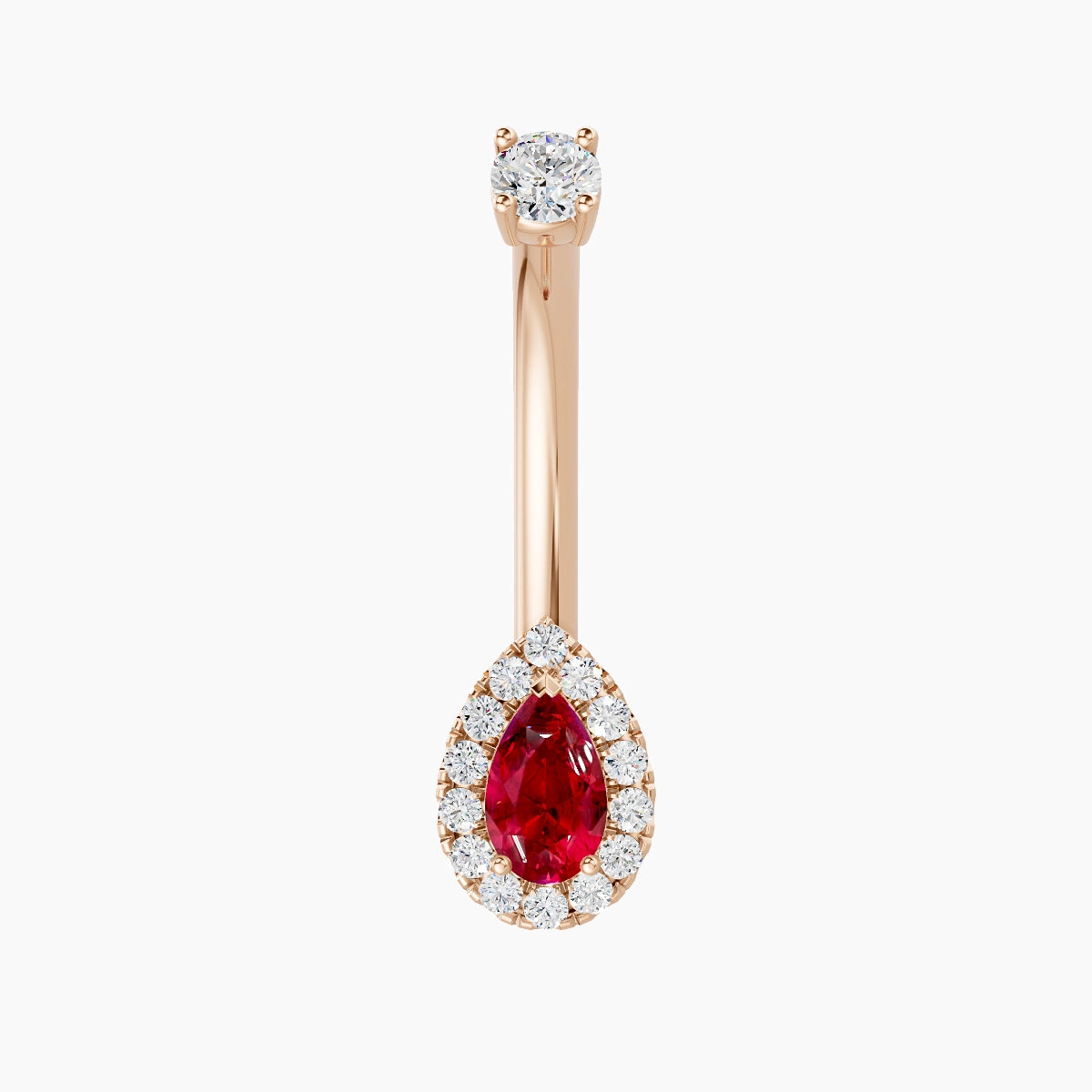 Eirene | 18k Rose Gold 8 mm 10 mm Halo Pear Ruby & Diamond Belly Piercing